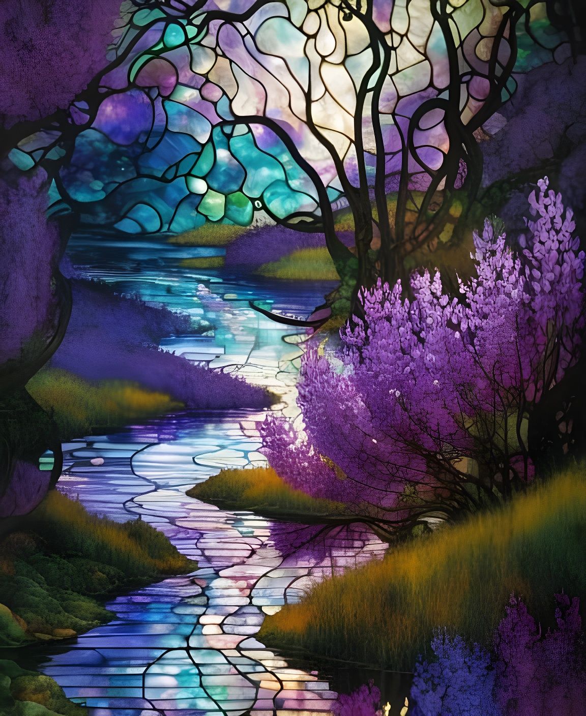 Lilac River: Alcohol Ink Stained Glass Landscape