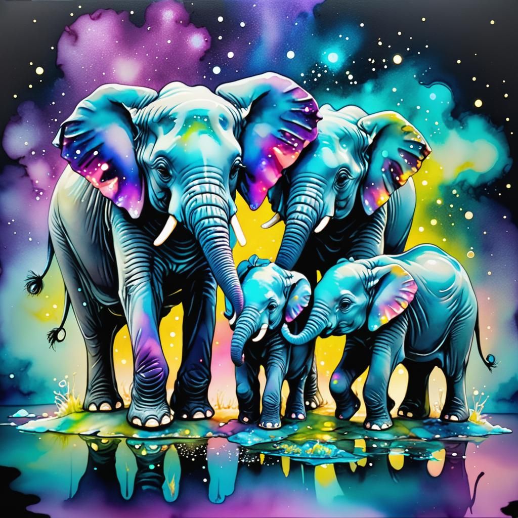 Neon Twilight Elephant Calves in Alcohol Ink Style
