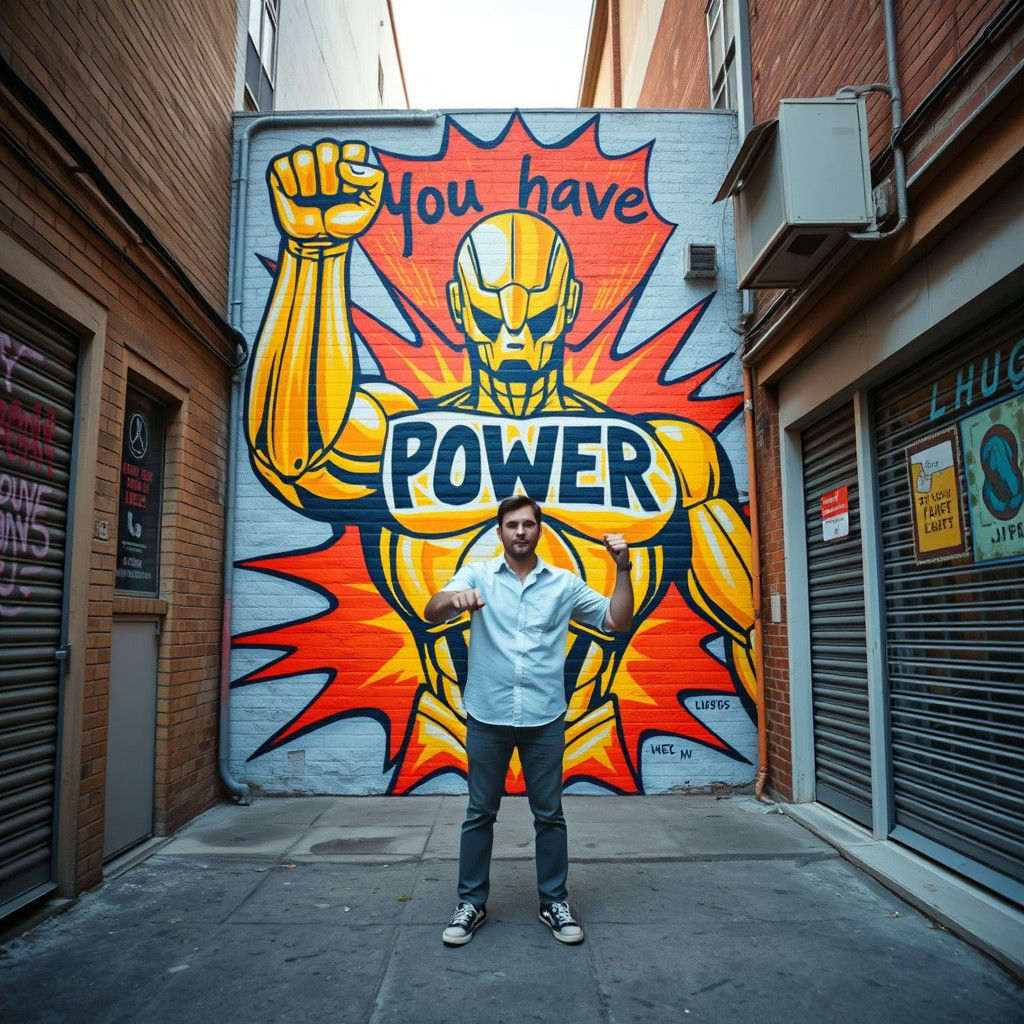 Mural of Powerful Humanoid in Alleyway