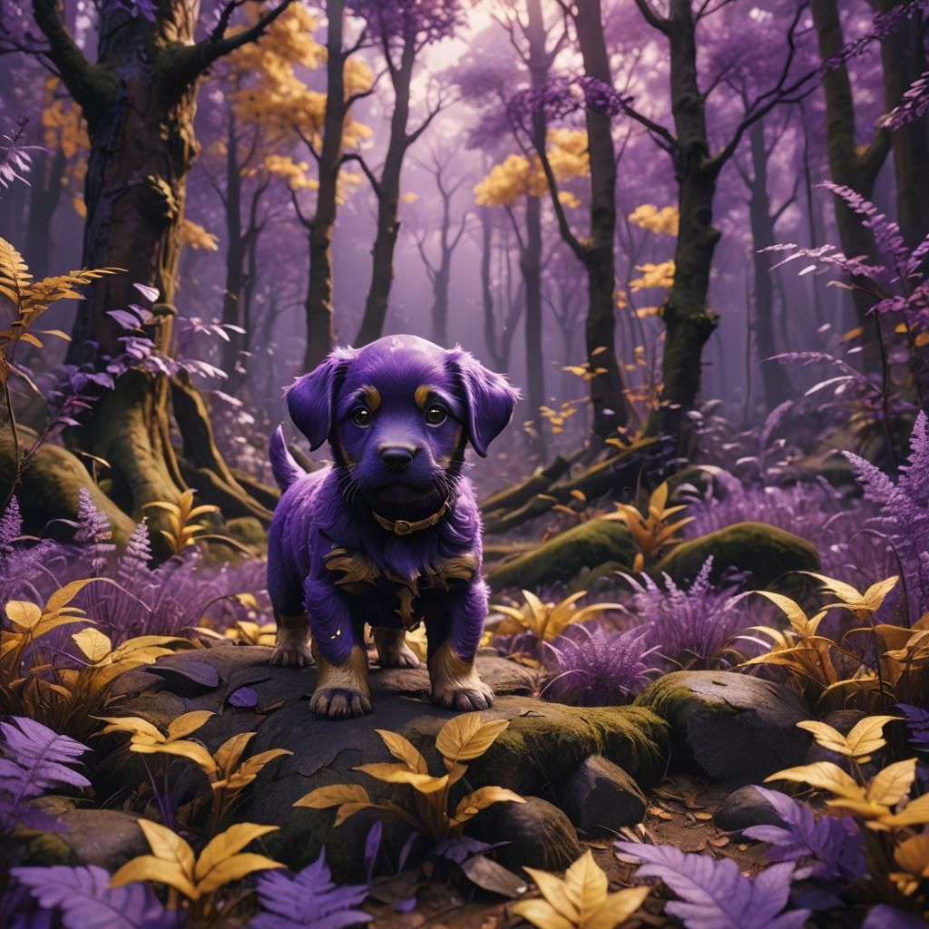 Purple and Gold Puppy in Fantasy Forest