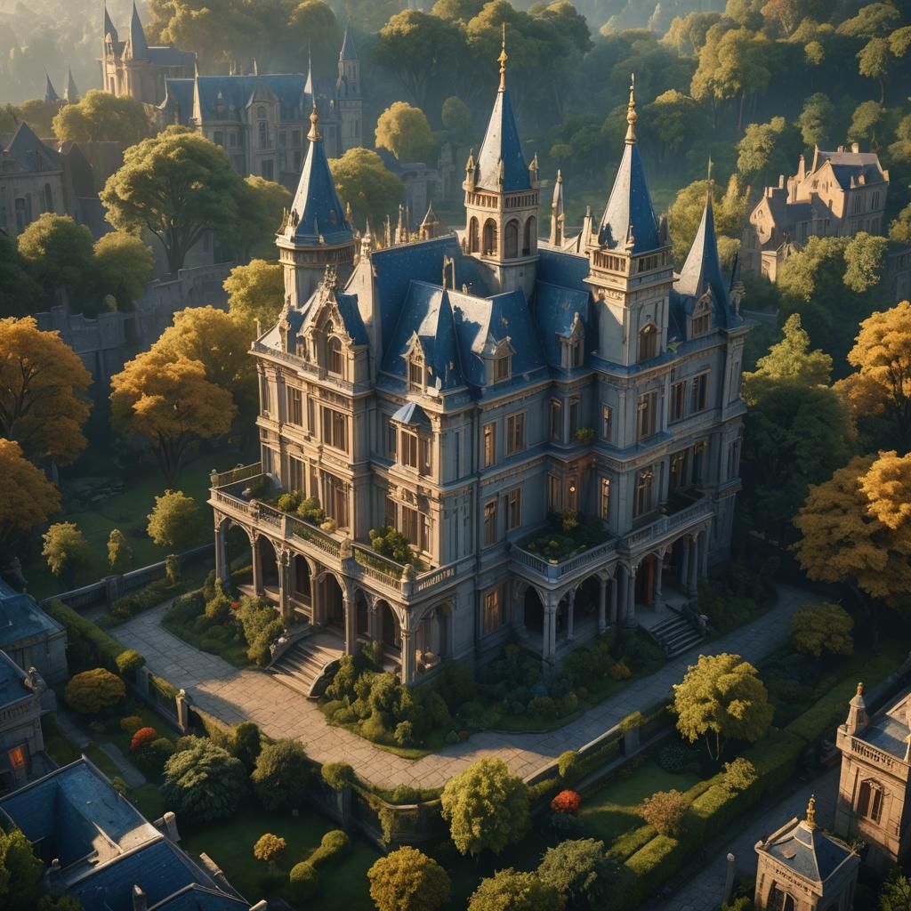 Ornate Gothic Mansion in Golden Hour Light