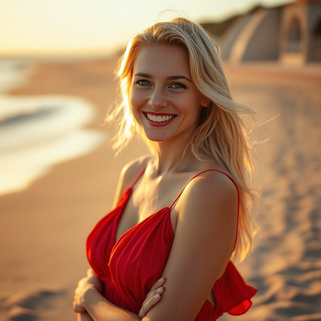 Woman in Red Dress on Sunny Beach, Hyperrealistic Style