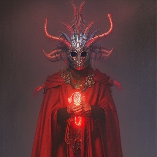 Masked Shaman in Red Cloak: Baroque Ominous Painting