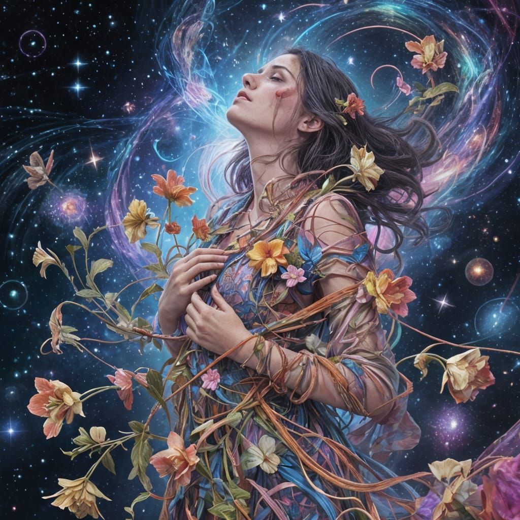 Cosmic Illustration of Woman's Struggle in Vibrant Astral St...