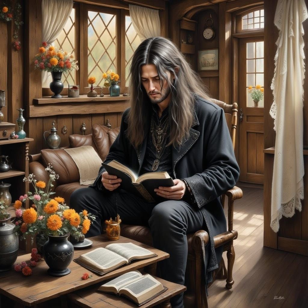 Cozy Goth Metalhead Reading: Watercolor Pastel Painting