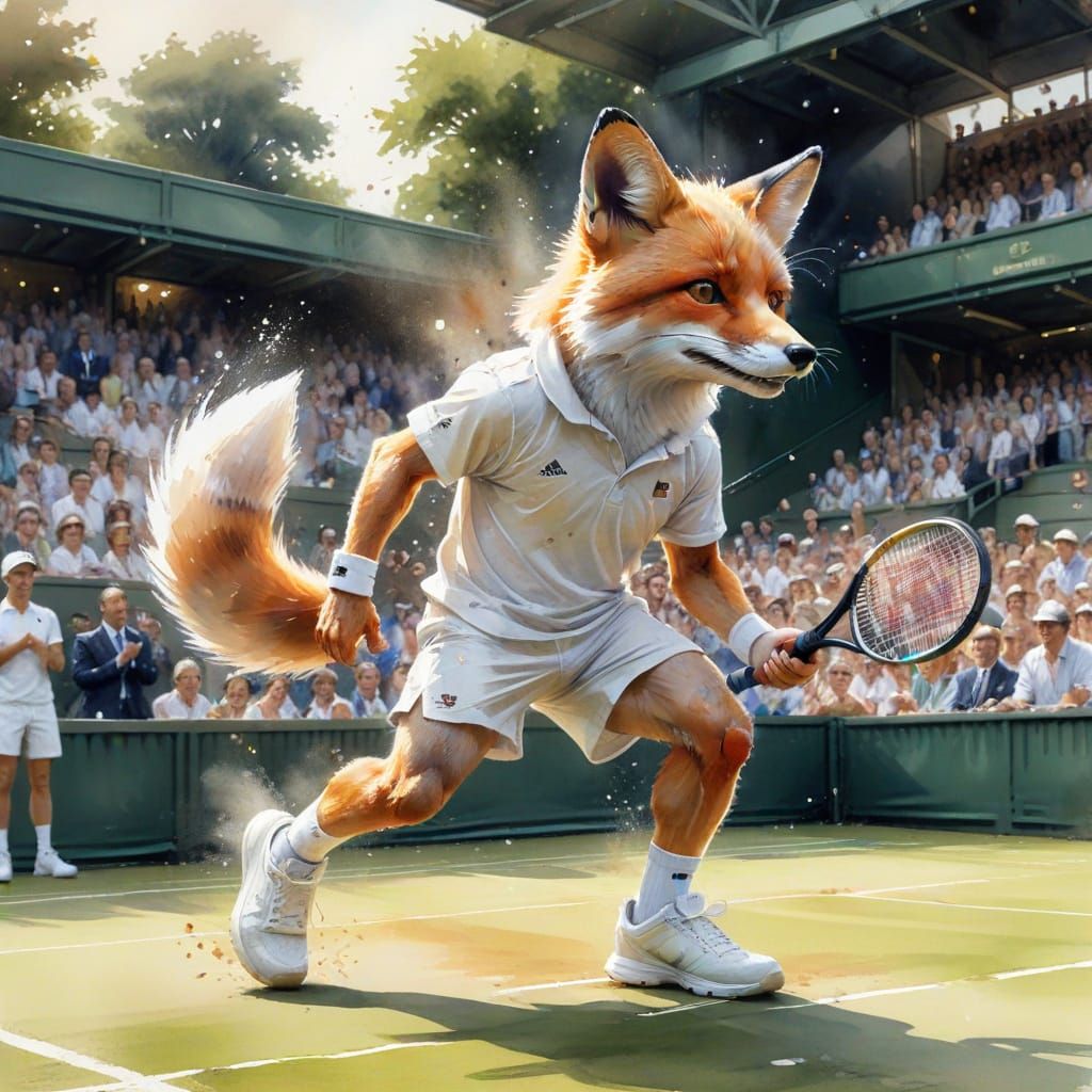 Fox Plays Tennis at Wimbledon in Watercolour Style