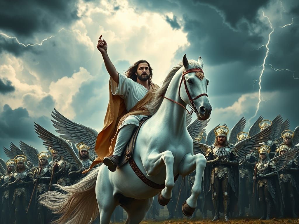 Jesus Riding a White Horse Through a Turbulent Sky