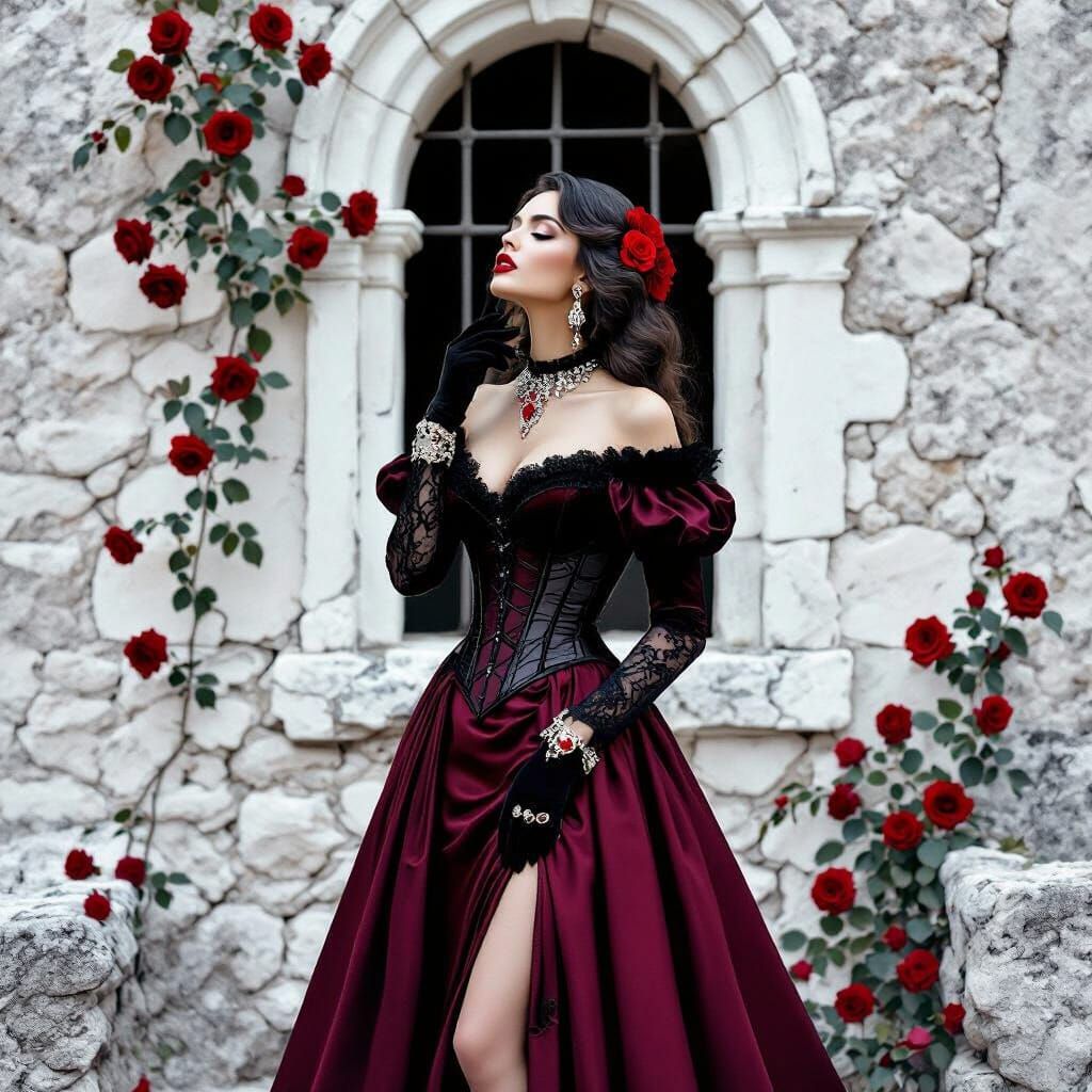 Gothic Cinematic Portrait of Woman in Monochrome with Red Ac...