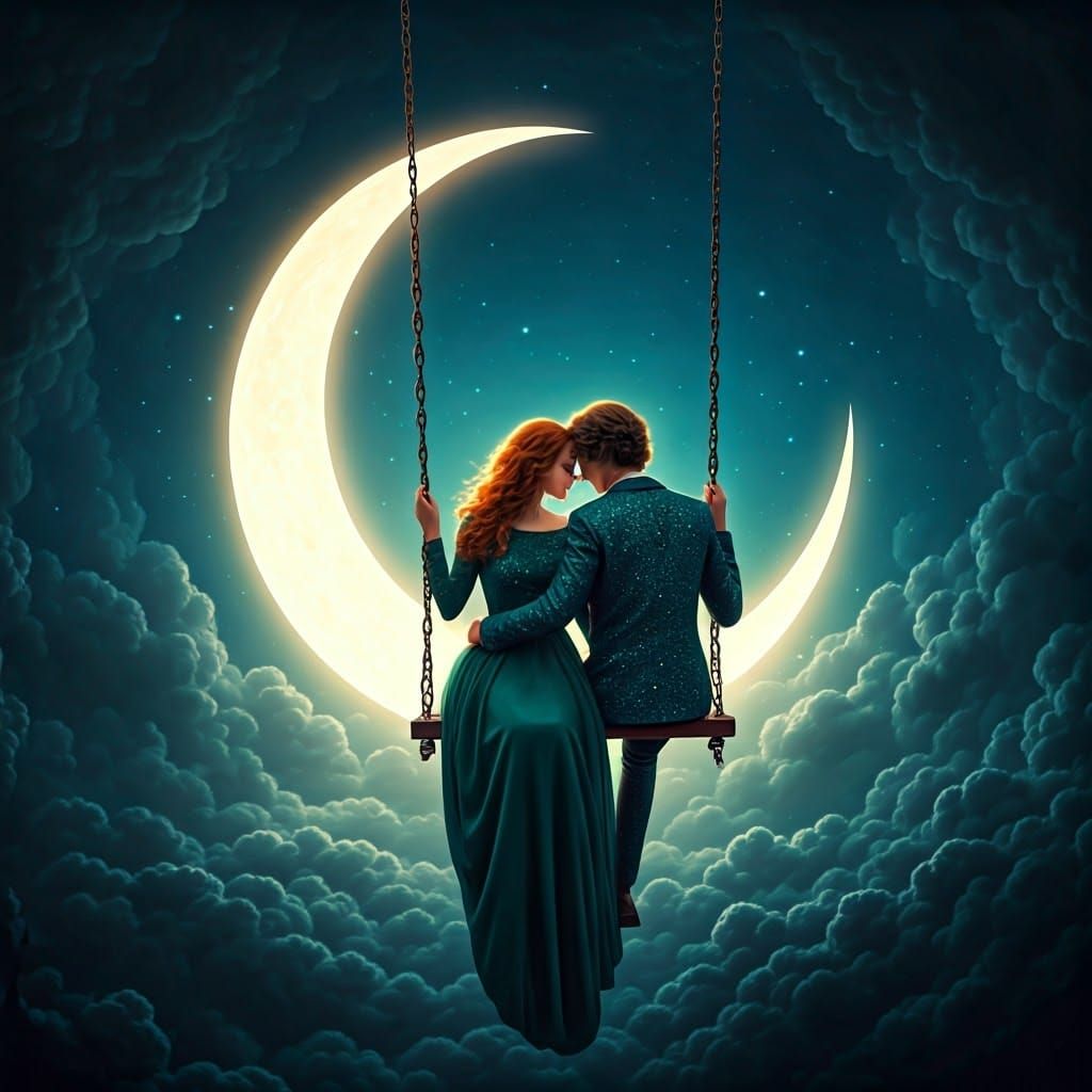 Dreamy Couple on Crescent Moon Swing in Double Exposure