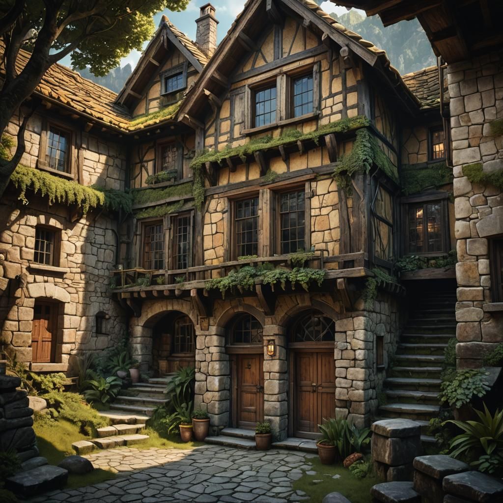 Rustic Three-Story House in Matte Painting Style