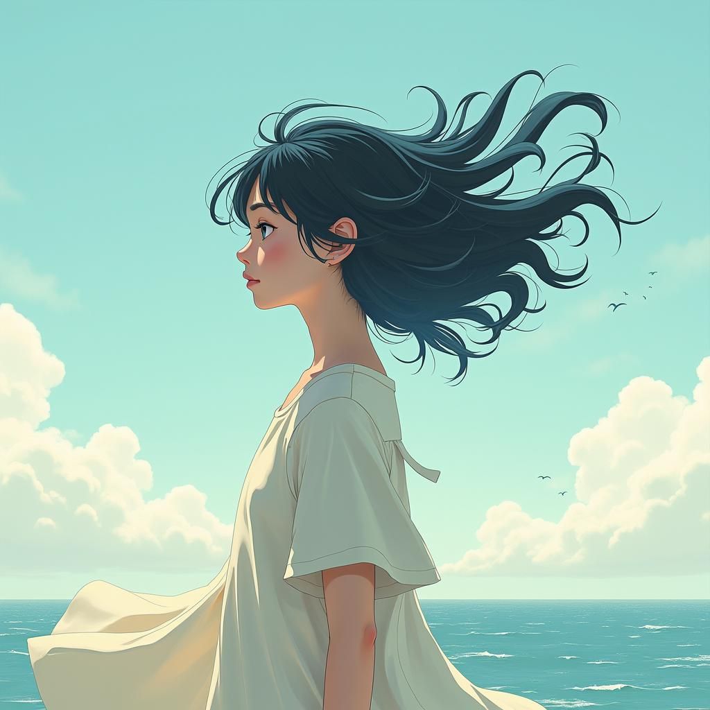 Contemplative Girl Gazing at Horizon in Anime Style
