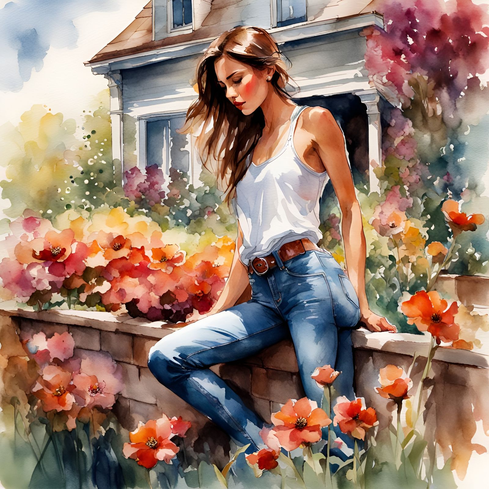 Woman Tending Flowers: Ink and Watercolor Illustration