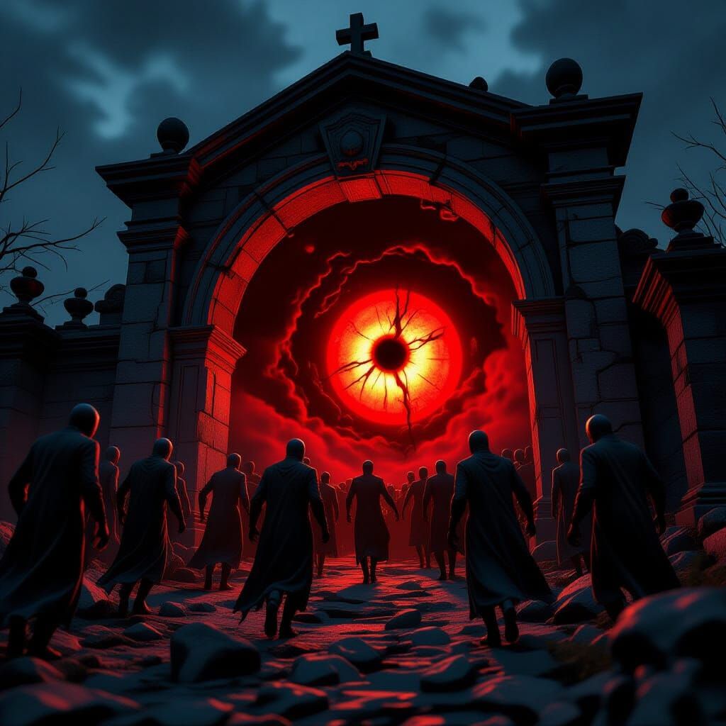 Zombies Descend Towards Scarlet Light in Crypt