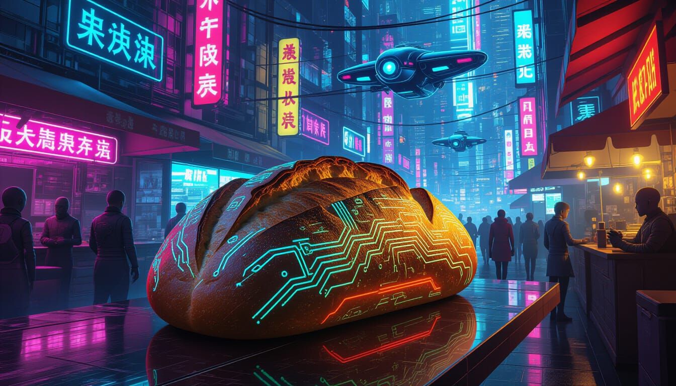 Regal Bread with Circuitry in Cyberpunk Market