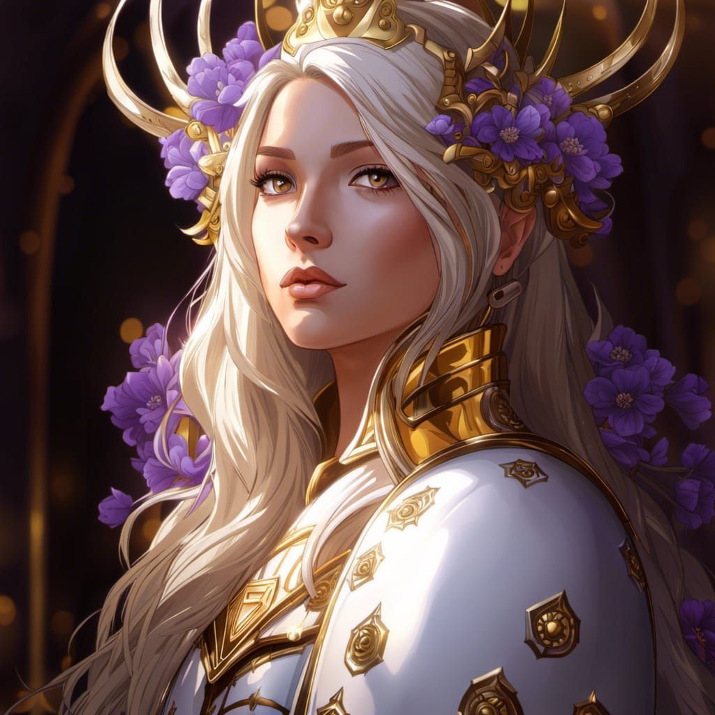 Knight Woman with Violet Flowers in Anime Style