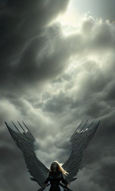 Valkyrie Descends from Clouds in Hyperrealistic Style