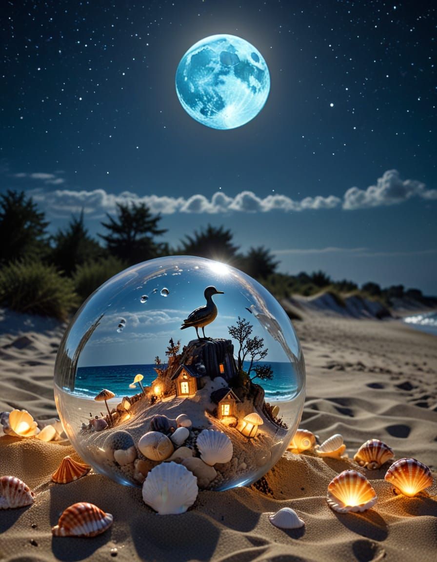 Steampunk Beach Bubbles in Moonlight, 3D Photography