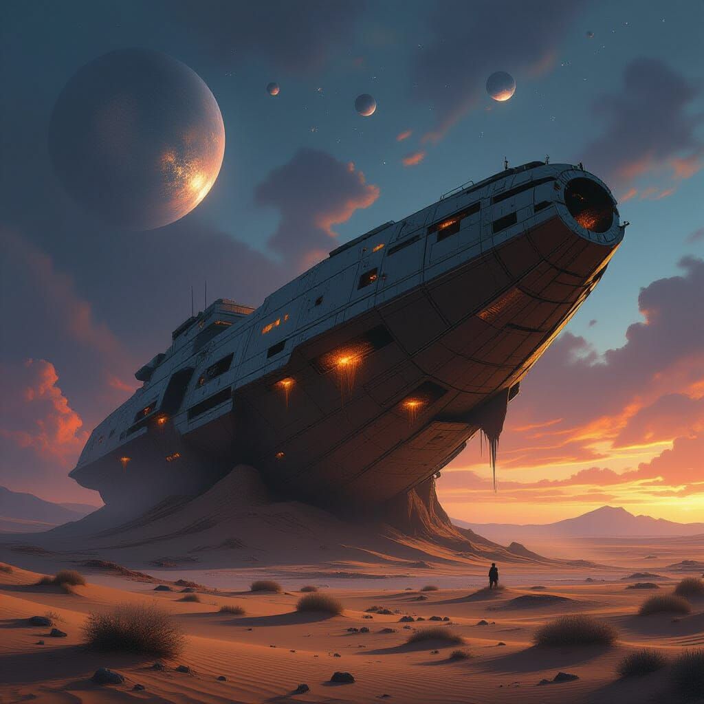 Derelict Spaceship in Desert Landscape, Dark Fantasy Art