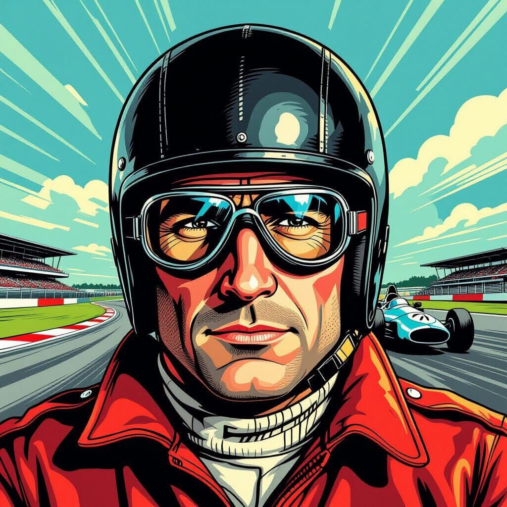 Juan Manuel Fangio F1 Legend in Comic Book Style