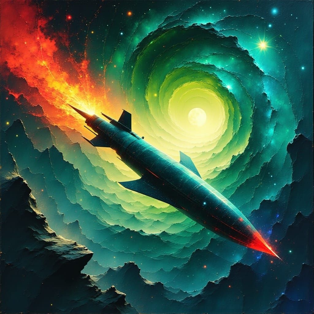 Sleek Starship Accelerates Through Iridescent Vortex