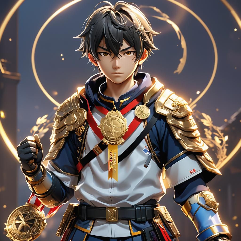 Anime Hero in Heroic Medal Pose, Inspired by WLOP and Pixiv....