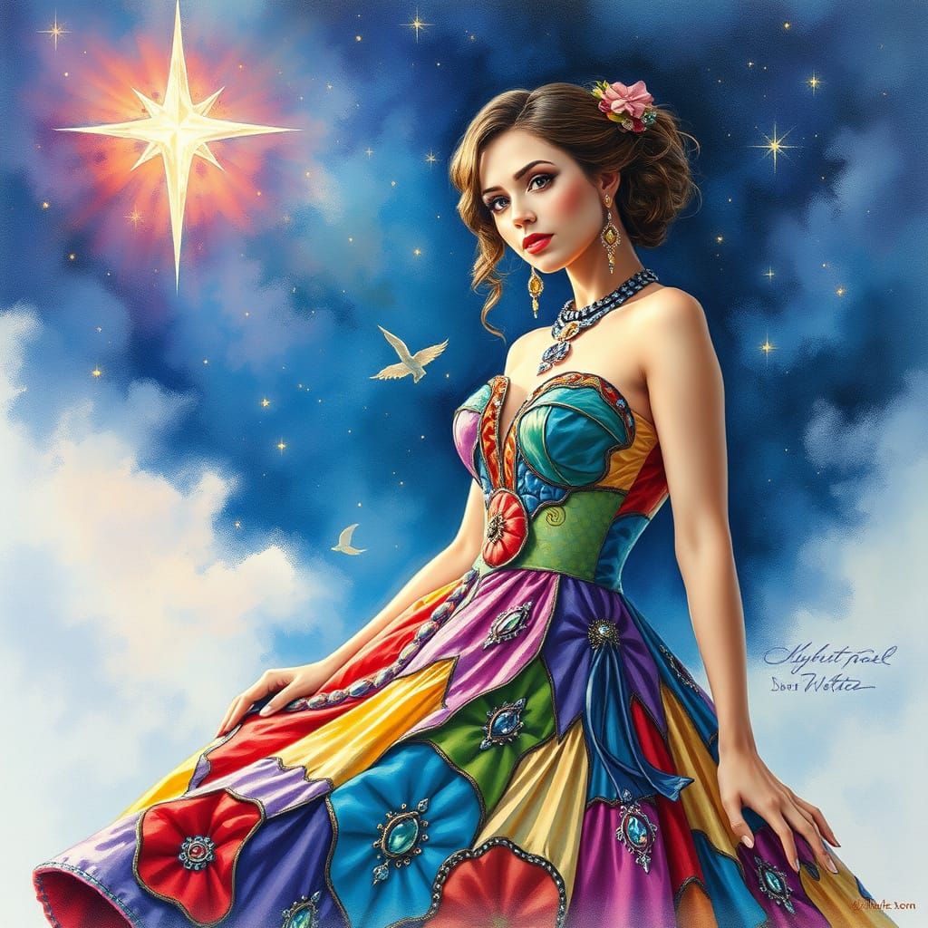 Glamorous Woman in Patchwork Dress: Hyperrealistic Watercolo...