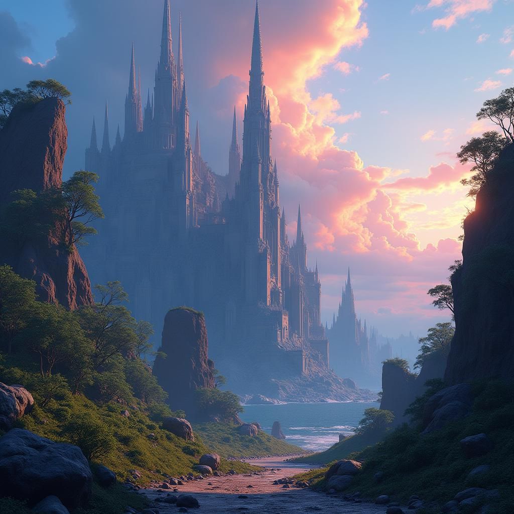 Fantasy World with Spires and Lush Vegetation