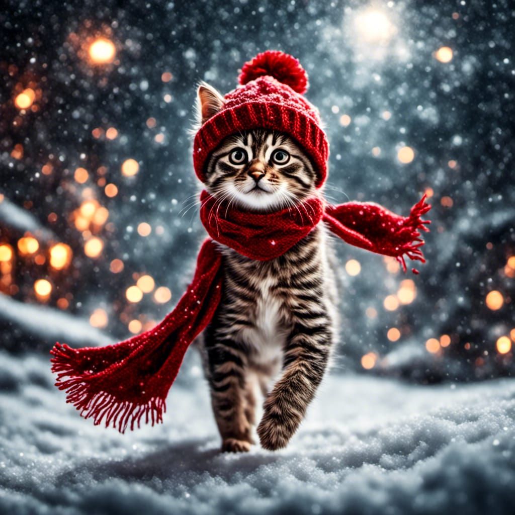 Cute Kitten Runs Through Winter Wonderland