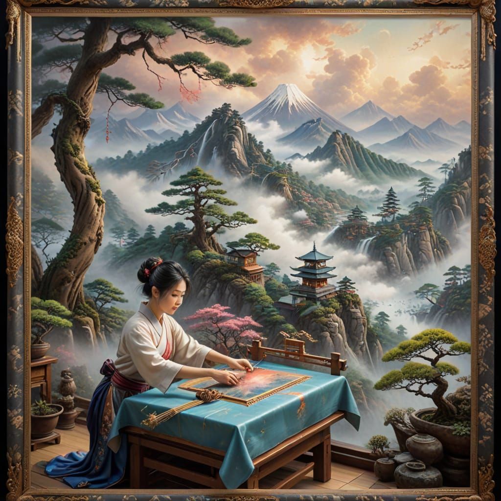 Japanese Woman Weaving Epic Mountain Tapestry