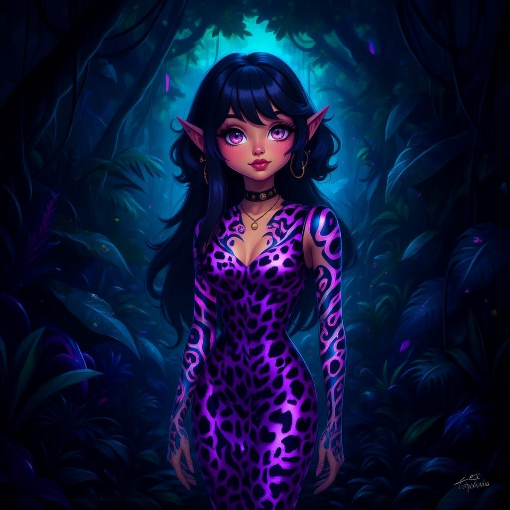 Goth Latina Woman in Sequined Leopard Gown with Bioluminesce...