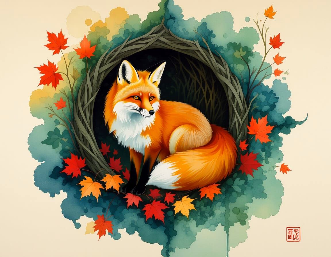 Red Fox Den in Suminagashi Fantasycore Style