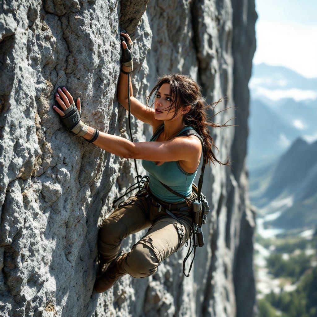 Lara Croft Climbs Mountain in Dynamic Realism Style
