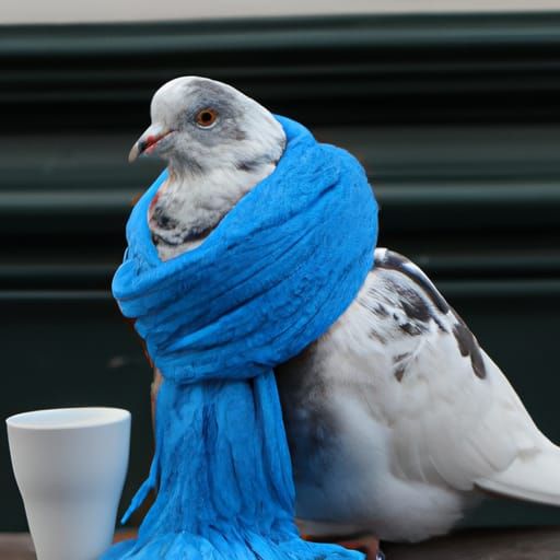 Pigeon Wearing Scarf and Holding Coffee