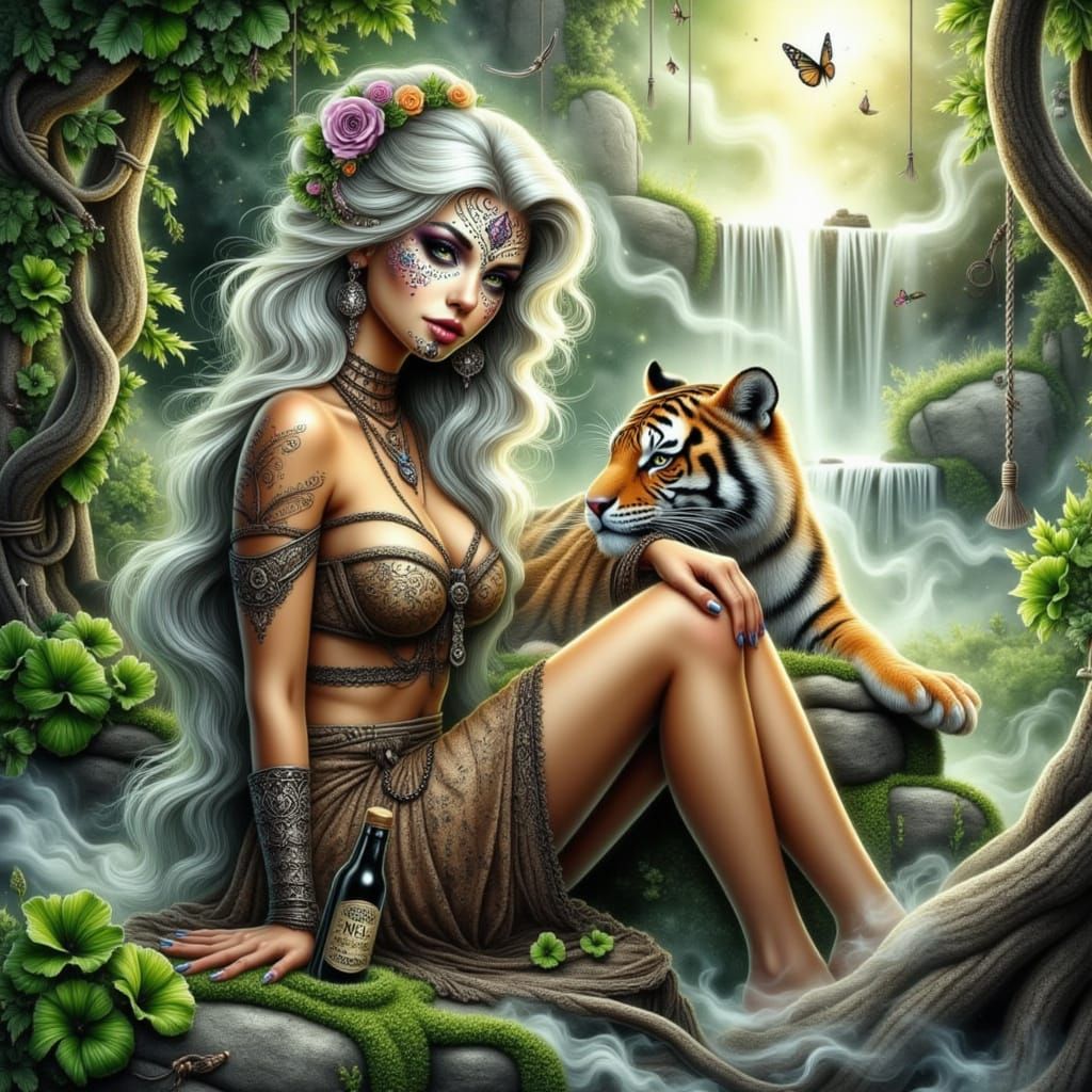 Ethereal Watercolor Woman in Lush Forest with Majestic Tiger