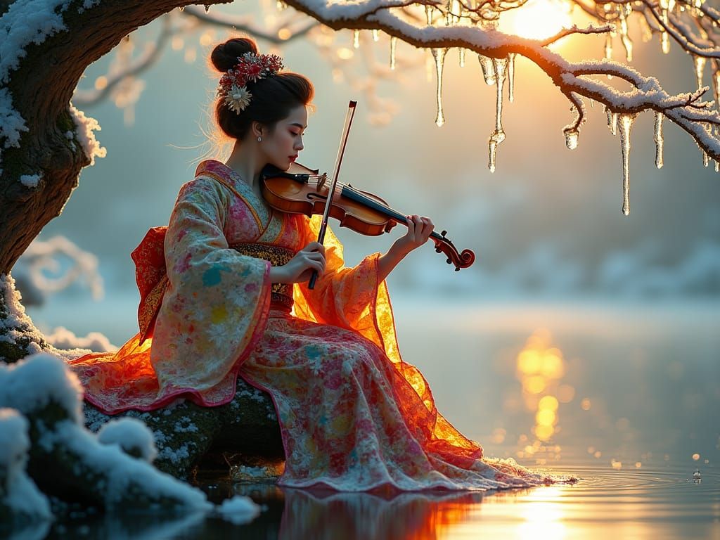 Banksy-Style Geisha Plays Violin on Frosty Branch