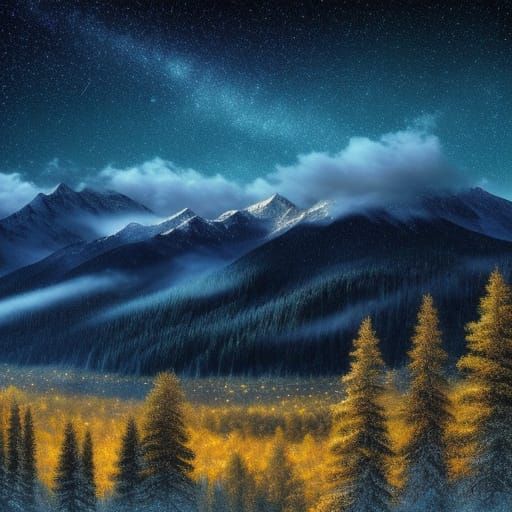Starry Night Scene with Mountains and Trees