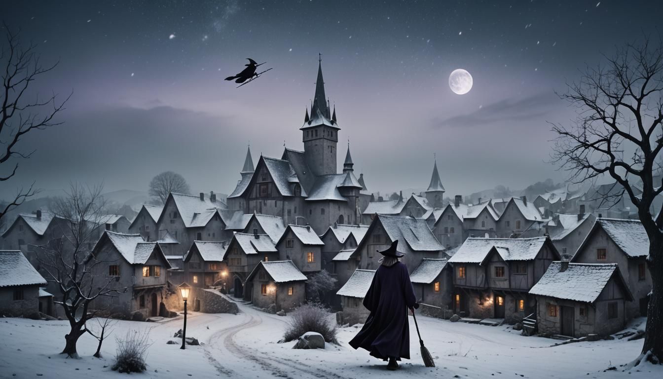 Witch Flying Over Village in Surreal Moonlight