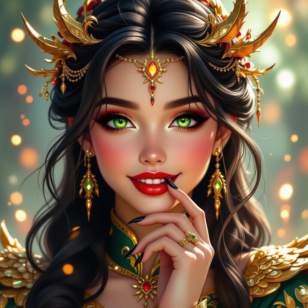 Golden Dragon Girl with Emerald Eyes, Fantasy Art