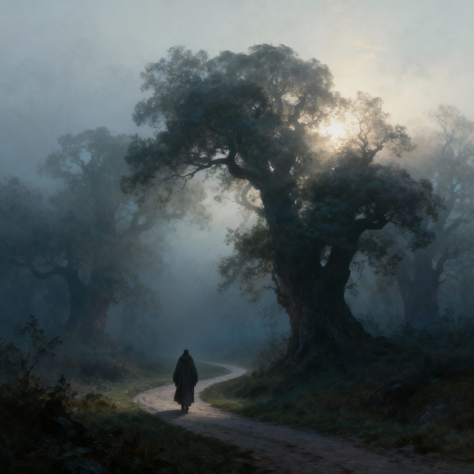 Misty Forest Path: Traveler in Ethereal Fog