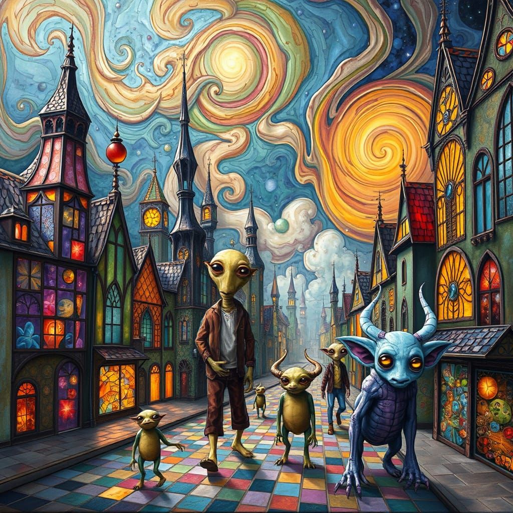 Dreamlike Stained Glass Cityscape in Surreal Style