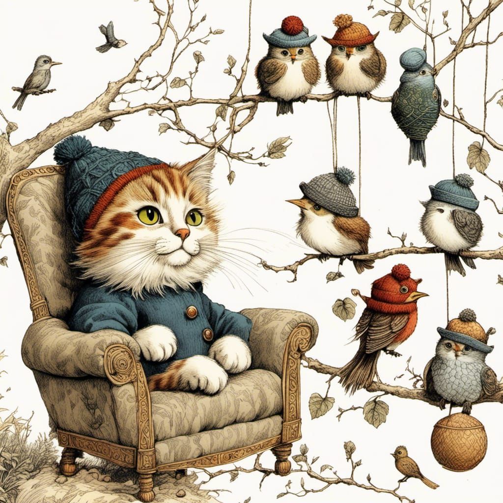 Cat Knits Hats for Birds: Filigree Illustration