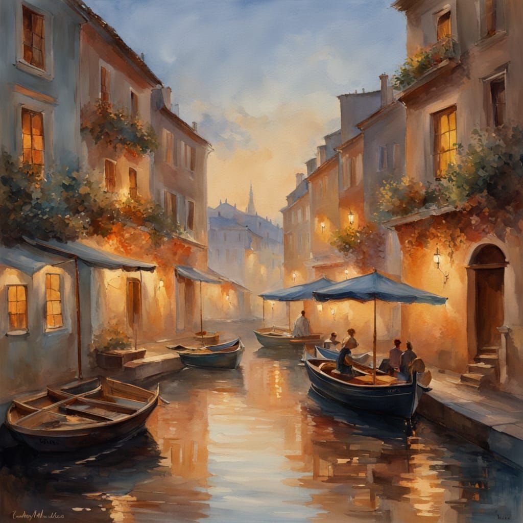 Warm Evening Scene in a Picturesque Bay, Watercolor Style