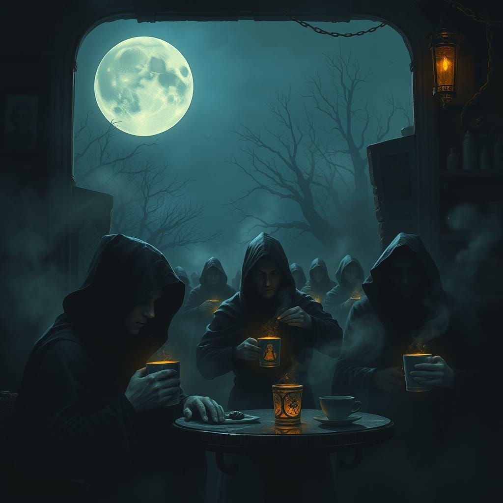 Gothic Coffeehouse with Ghostly Steam and Whispering Shadows