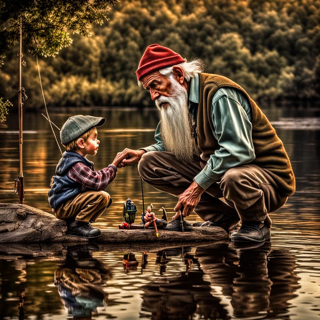 Elf Grandfather Teaches Fishing in Hyperrealistic Style