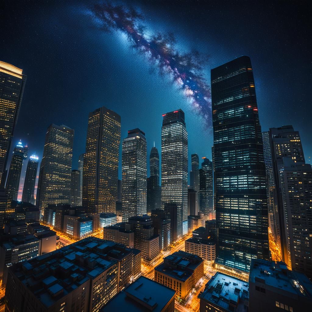 Night Cityscape Under Starry Sky in Photorealistic Style