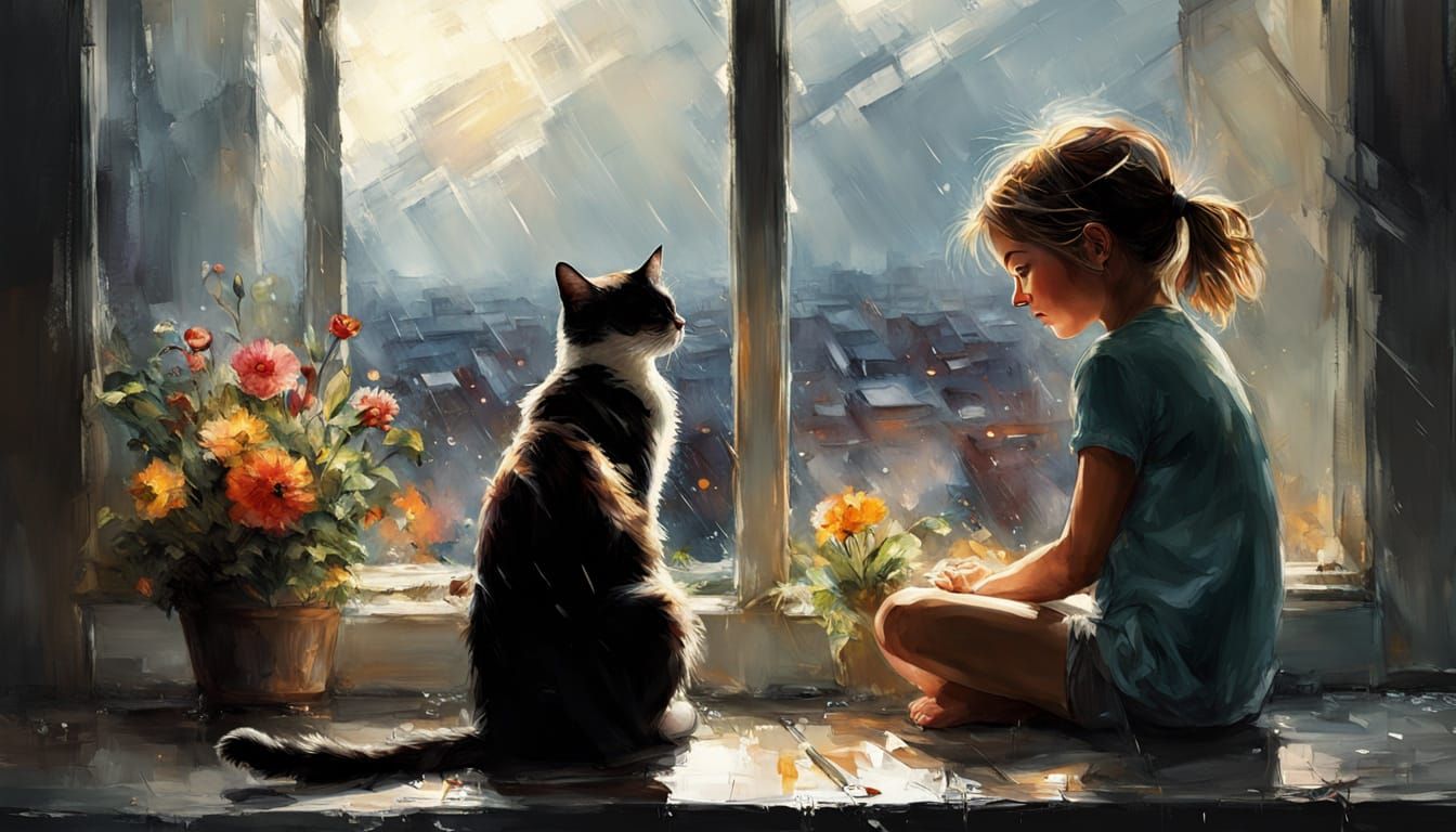 Girl and Cat Watch Summer Rain: Matte Painting