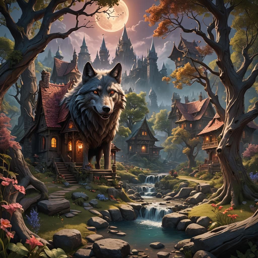 Fantastical Wolf Den Matte Painting in Deep Color