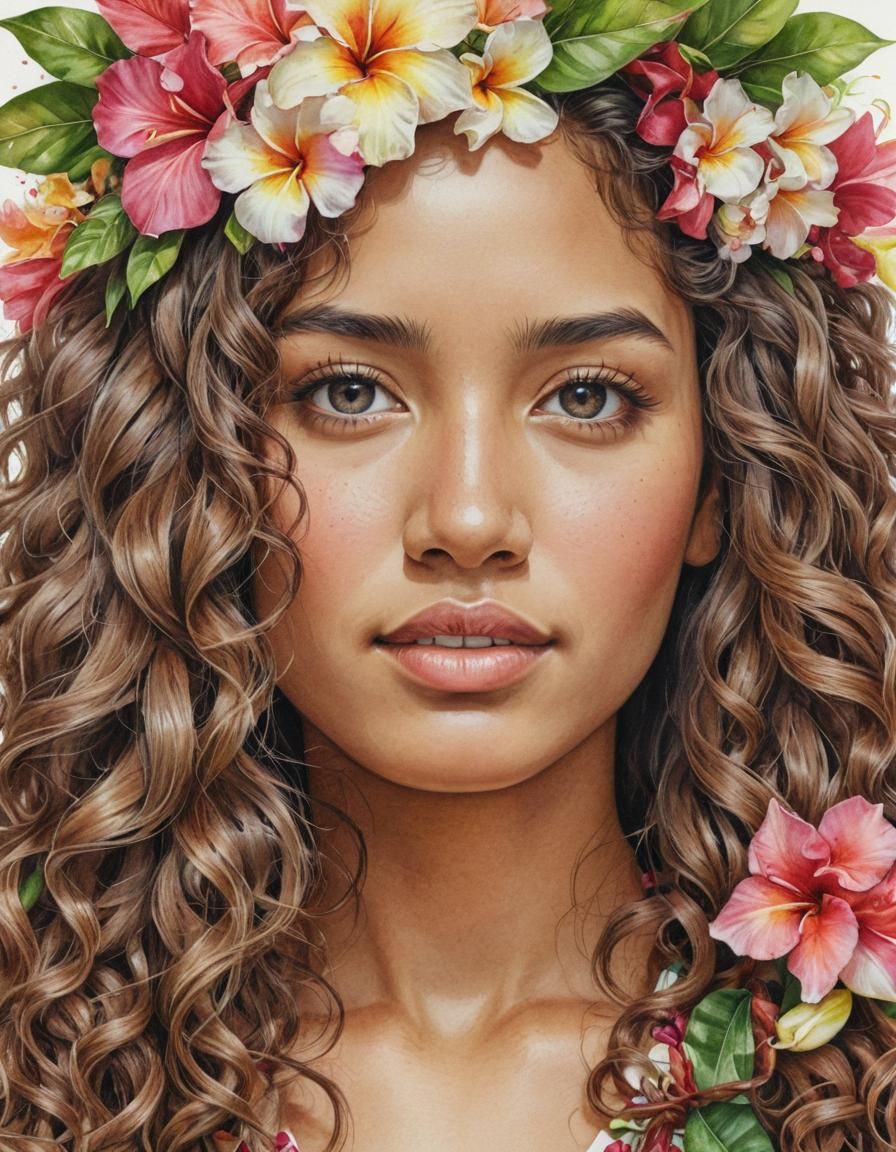 Hawaiian Woman Portrait in Pencil and Watercolor