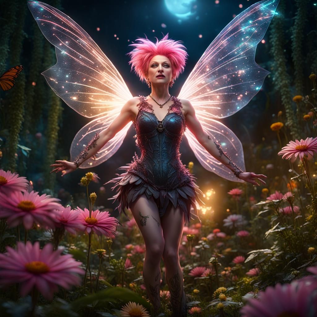 Cyndi Lauper Fairy in Magical Garden, Art Nouveau Style