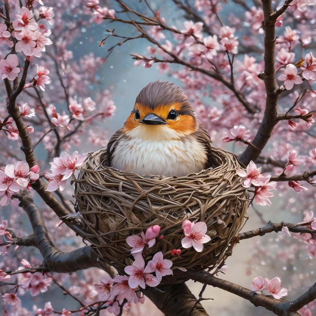Chibi Bird in Sakura Tree: Fantasy Bioluminescent Art